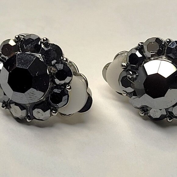 Black Crystal Clip Ons Small Earrings, Small Clip On Earrings - Picture 4 of 5